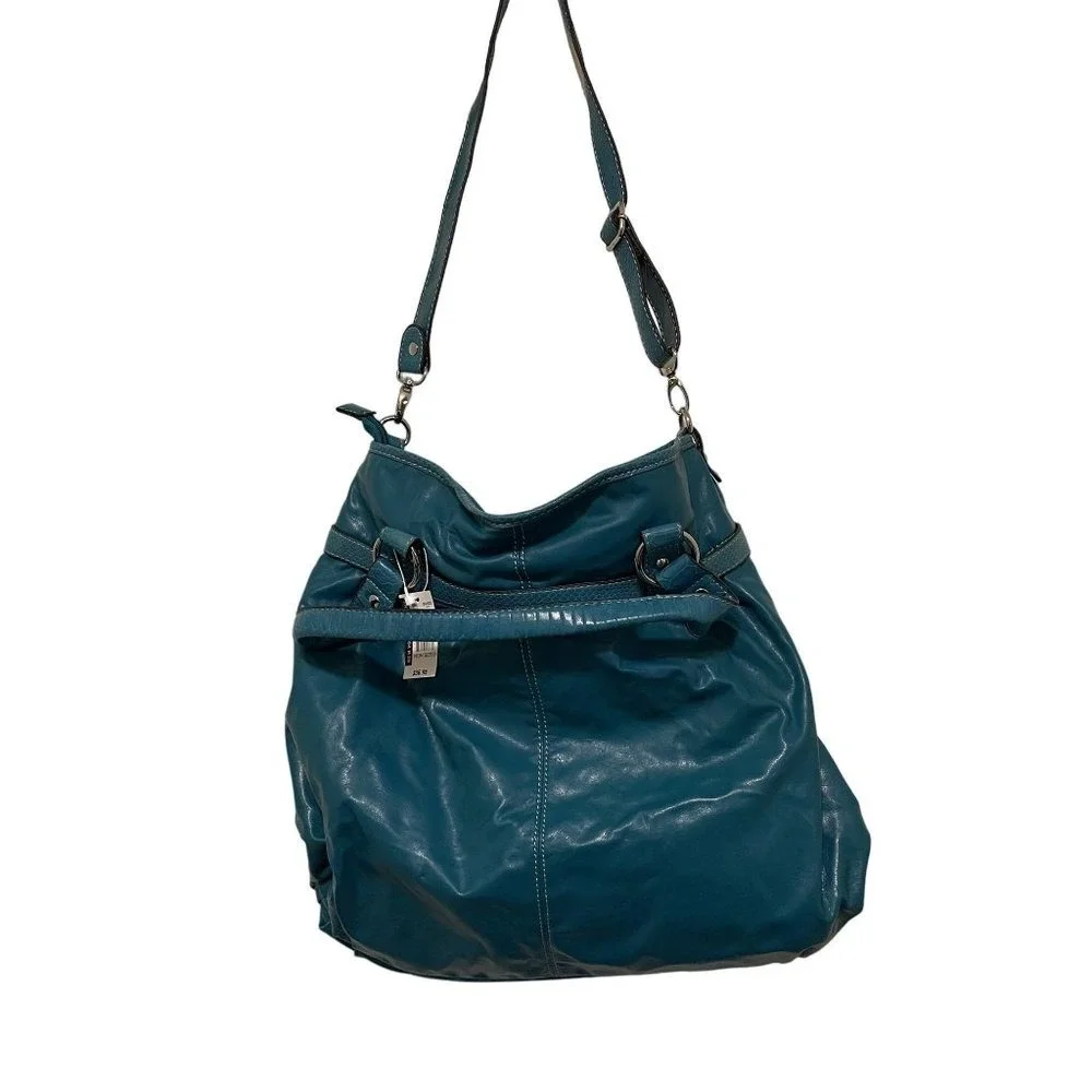 New York & Company Hobo Bag Women OS Teal Blue Snakeskin Trim Slouchy Crossbody